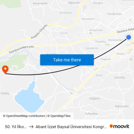 50. Yıl İlkokulu to Abant İzzet Baysal Üniversitesi Kongre Merkezi map