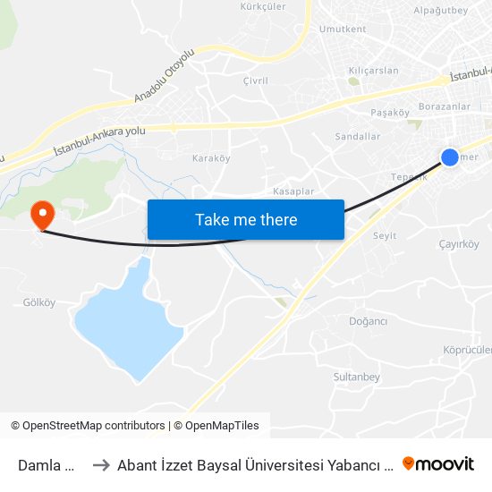 Damla Market to Abant İzzet Baysal Üniversitesi Yabancı Diller Yüksekokulu map