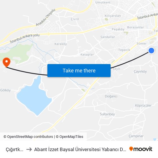 Çığırtkanlar to Abant İzzet Baysal Üniversitesi Yabancı Diller Yüksekokulu map