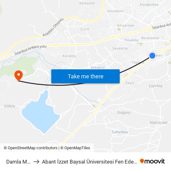 Damla Market to Abant İzzet Baysal Üniversitesi Fen Edebiyat Fakültesi map