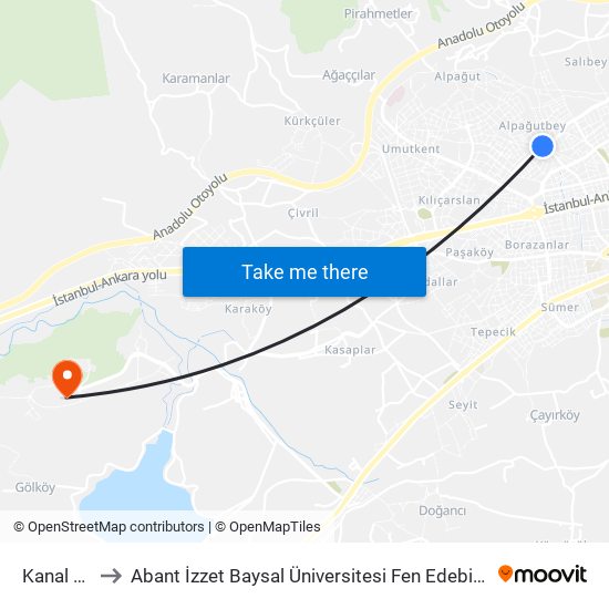 Kanal Yolu to Abant İzzet Baysal Üniversitesi Fen Edebiyat Fakültesi map