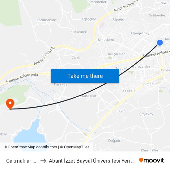 Çakmaklar Caddesi to Abant İzzet Baysal Üniversitesi Fen Edebiyat Fakültesi map