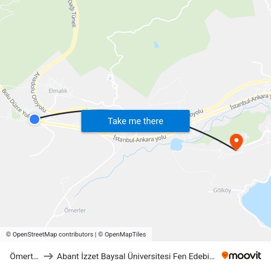 Ömertepe to Abant İzzet Baysal Üniversitesi Fen Edebiyat Fakültesi map