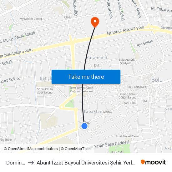 Dominos to Abant İzzet Baysal Üniversitesi Şehir Yerleşkesi map