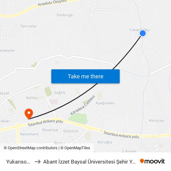 Yukarısoku 1 to Abant İzzet Baysal Üniversitesi Şehir Yerleşkesi map