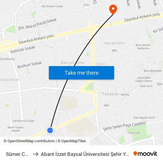 Sümer Camii to Abant İzzet Baysal Üniversitesi Şehir Yerleşkesi map