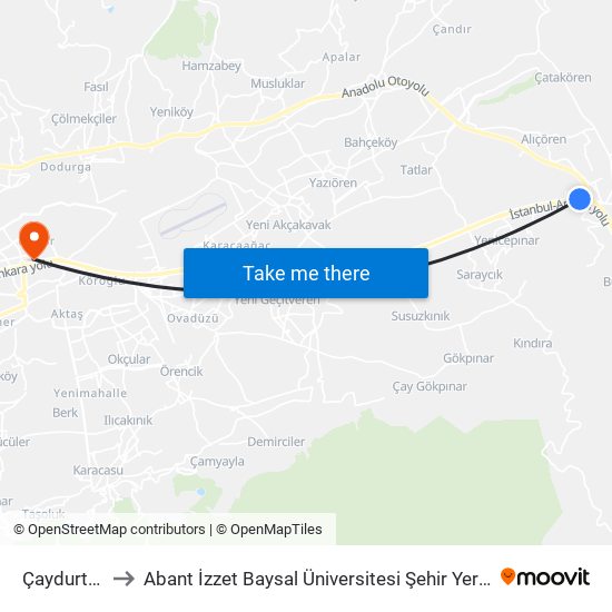 Çaydurt 27 to Abant İzzet Baysal Üniversitesi Şehir Yerleşkesi map