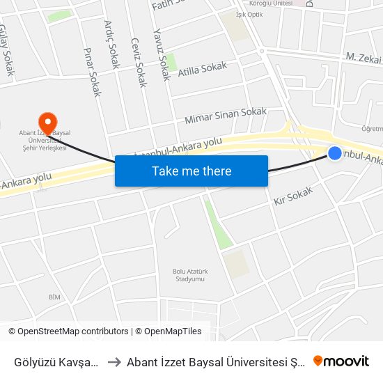 Gölyüzü Kavşak Yanyol to Abant İzzet Baysal Üniversitesi Şehir Yerleşkesi map