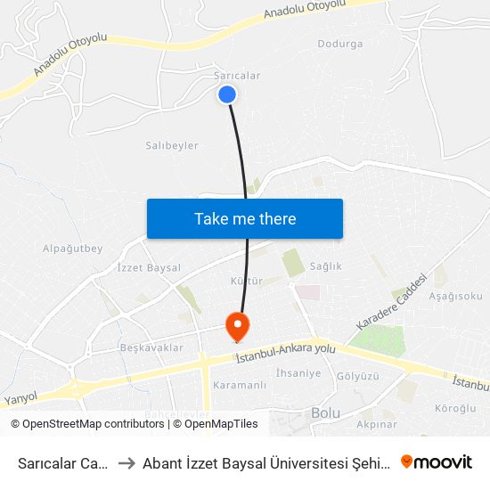 Sarıcalar Caddesi to Abant İzzet Baysal Üniversitesi Şehir Yerleşkesi map