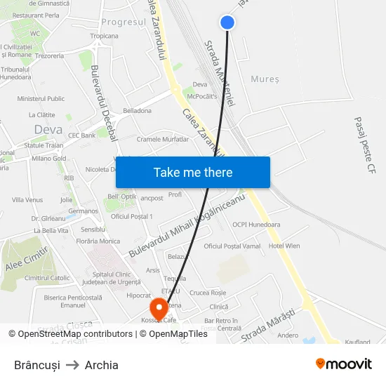 Brâncuși to Archia map