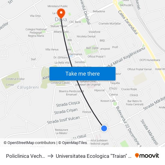 Policlinica Veche 1 to Universitatea Ecologica "Traian" Deva map