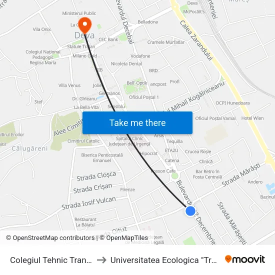 Colegiul Tehnic Transilvania to Universitatea Ecologica "Traian" Deva map