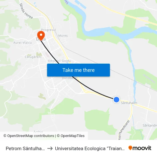 Petrom Sântulham 1 to Universitatea Ecologica "Traian" Deva map