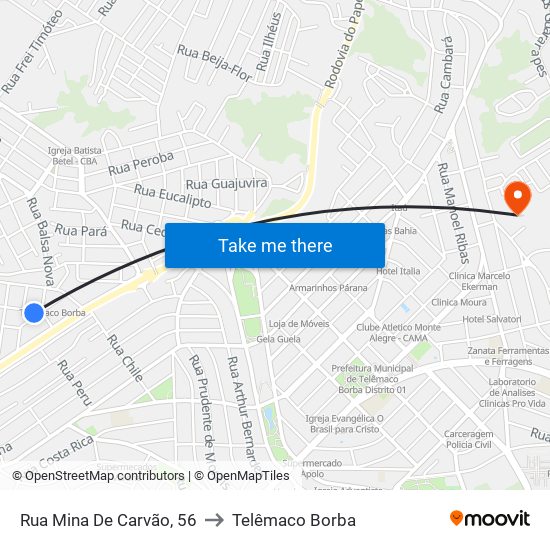 Rua Mina De Carvão, 56 to Telêmaco Borba map