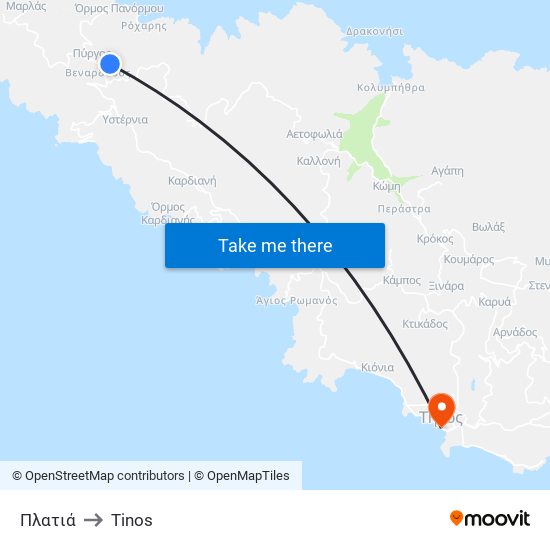 Πλατιά to Tinos map