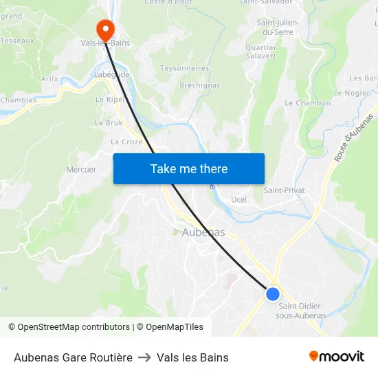 Aubenas Gare Routière to Vals les Bains map