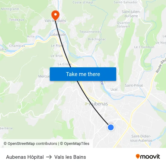 Aubenas Hôpital to Vals les Bains map
