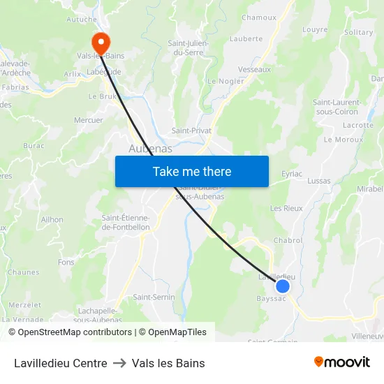Lavilledieu Centre to Vals les Bains map