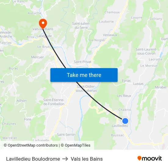 Lavilledieu Boulodrome to Vals les Bains map