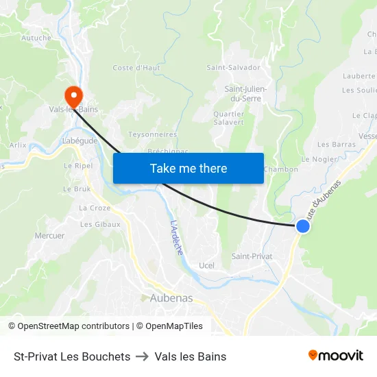 St-Privat Les Bouchets to Vals les Bains map