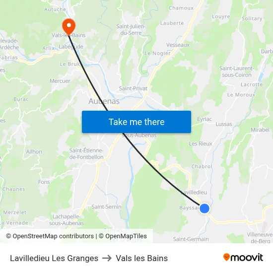 Lavilledieu Les Granges to Vals les Bains map