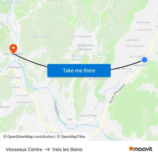 Vesseaux Centre to Vals les Bains map