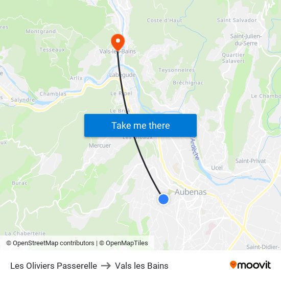 Les Oliviers Passerelle to Vals les Bains map