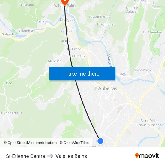 St-Etienne Centre to Vals les Bains map
