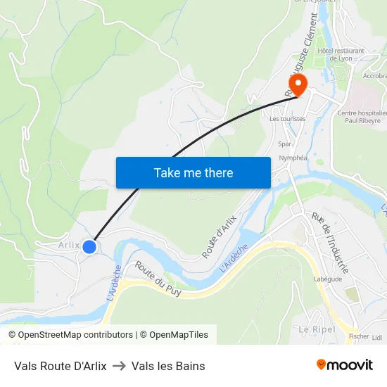 Vals Route D'Arlix to Vals les Bains map