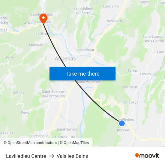 Lavilledieu Centre to Vals les Bains map