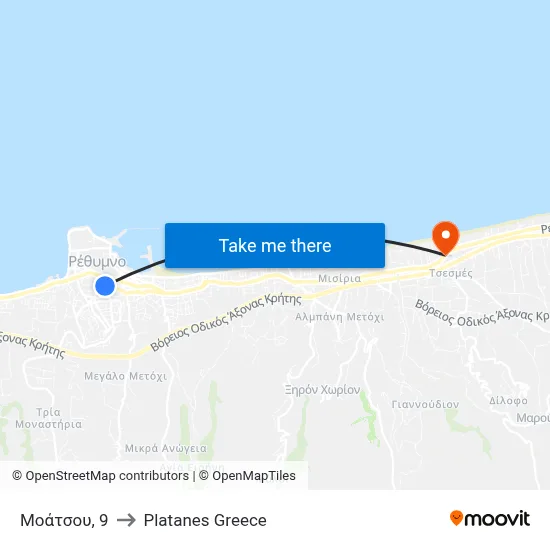 Moatsou, 9 to Platanes, Greece map