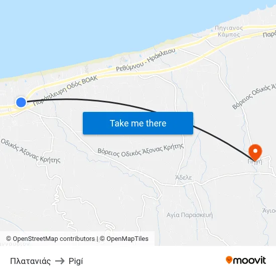 Platanias to Pigi map