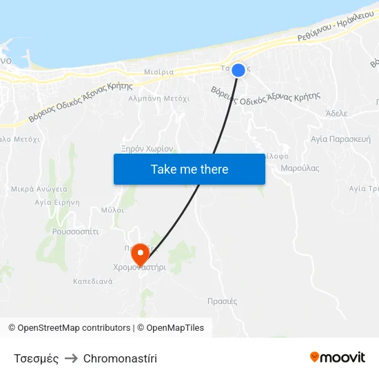Tsesmes to Chromonastiri map