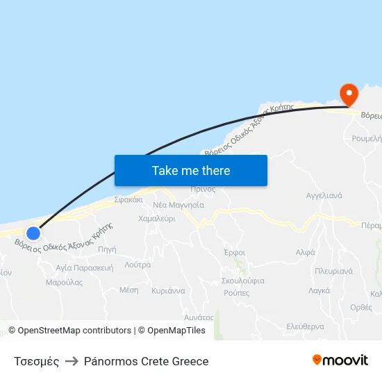 Τσεσμές to Pánormos Crete Greece map