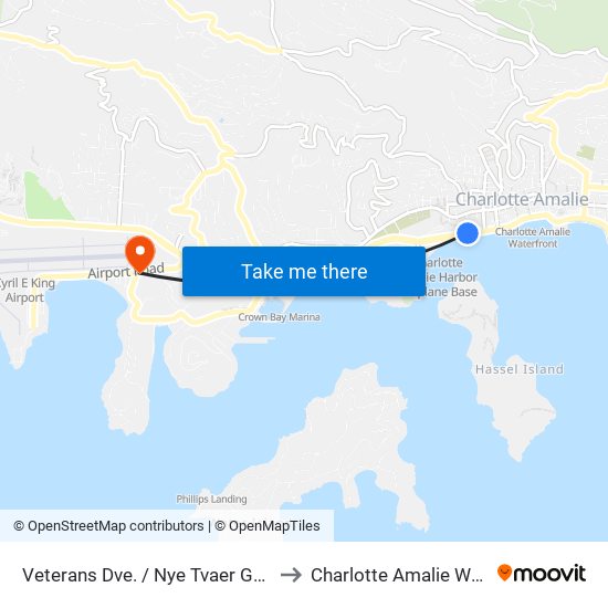 Veterans Dve. / Nye Tvaer Gade to Charlotte Amalie West map