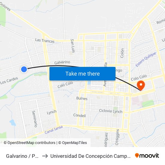 Galvarino /  Poniente to Universidad De Concepción Campus Los Ángeles map