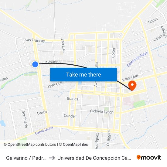Galvarino /  Padre Hurtado to Universidad De Concepción Campus Los Ángeles map