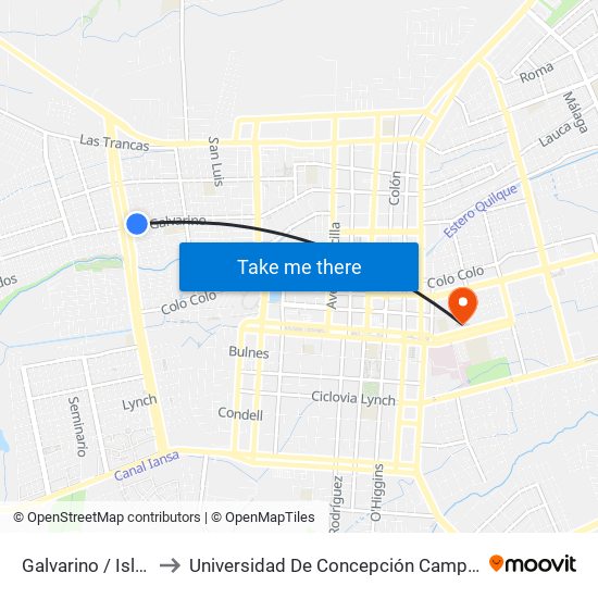 Galvarino / Isla Nueva to Universidad De Concepción Campus Los Ángeles map