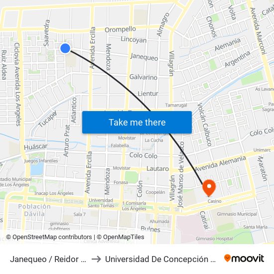 Janequeo /  Reidor Jose Montoya to Universidad De Concepción Campus Los Ángeles map