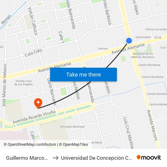 Guillermo Marconi /  Alemania to Universidad De Concepción Campus Los Ángeles map
