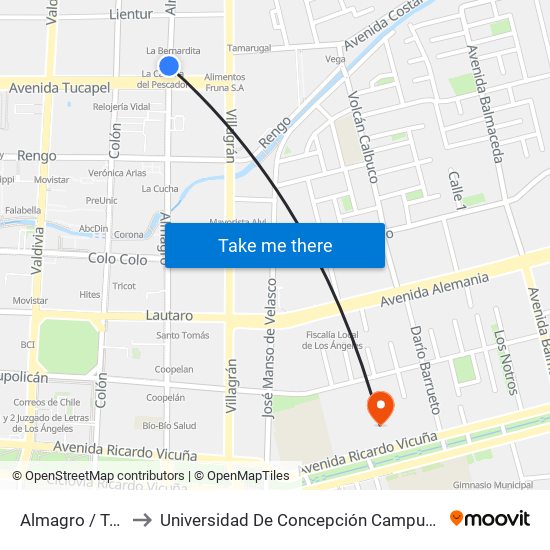 Almagro /  Tucapel to Universidad De Concepción Campus Los Ángeles map