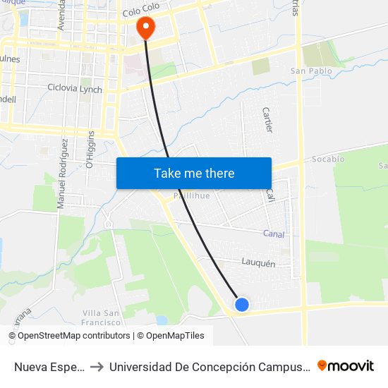 Nueva Esperanza to Universidad De Concepción Campus Los Ángeles map
