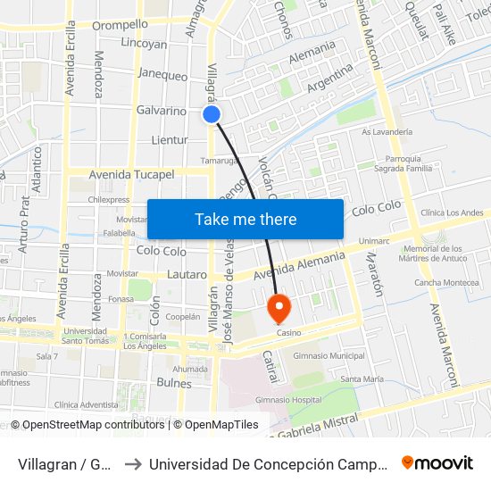 Villagran /  Galvarino to Universidad De Concepción Campus Los Ángeles map
