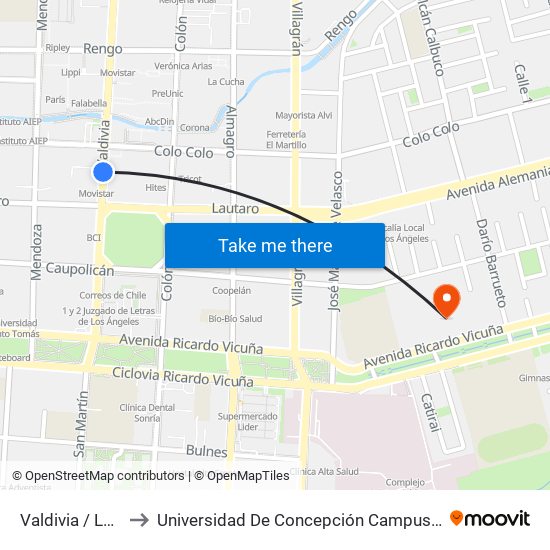 Valdivia /  Lautaro to Universidad De Concepción Campus Los Ángeles map