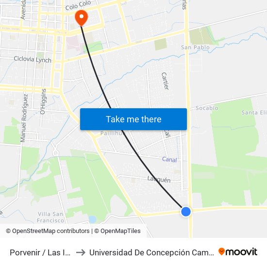 Porvenir / Las Industrias to Universidad De Concepción Campus Los Ángeles map