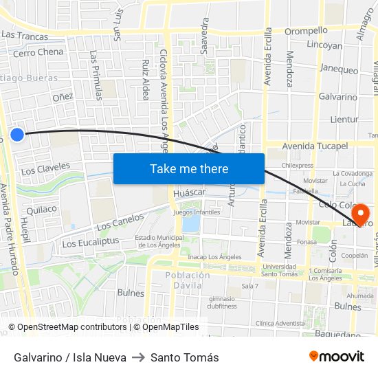 Galvarino / Isla Nueva to Santo Tomás map