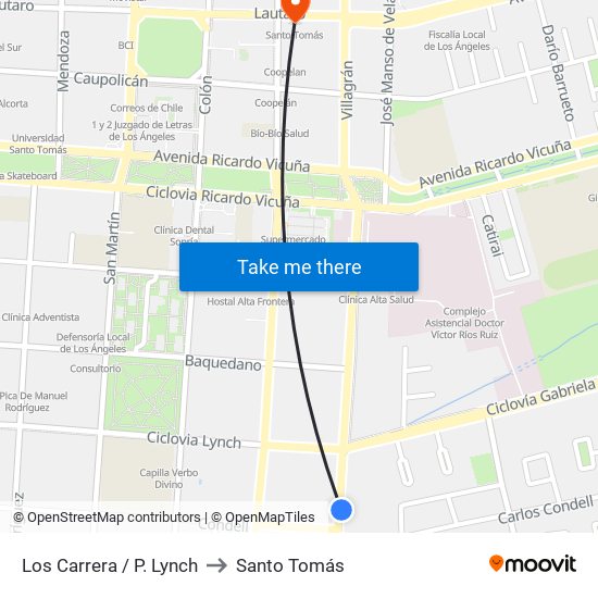 Los Carrera /  P. Lynch to Santo Tomás map