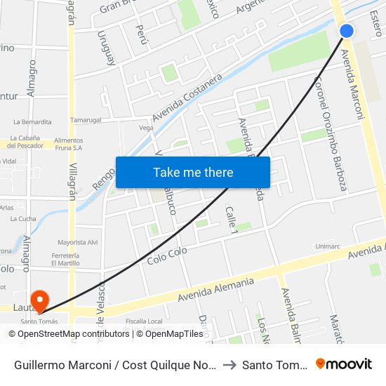 Guillermo Marconi /  Cost Quilque Norte to Santo Tomás map