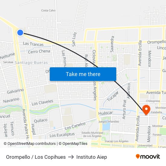 Orompello /  Los Copihues to Instituto Aiep map