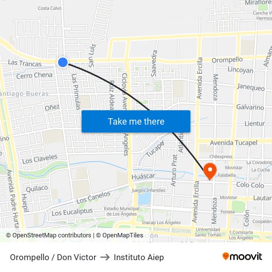 Orompello /  Don Victor to Instituto Aiep map